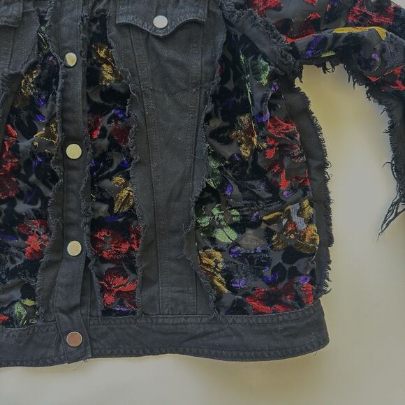 Adore Denim Sheer Panel Embroidered Velvet Floral Fringe Jacket Small Black - Picture 7 of 13